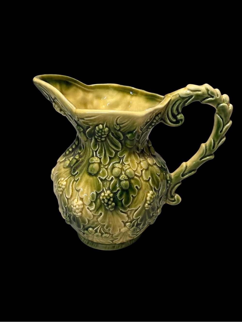 Vintage Ancora Majolica Pitcher Green Oak Leaf Grape 7" Made in Italy 1631
